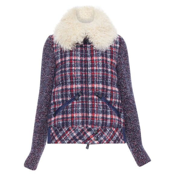 MONCLER GRENOBLE Runway Soleil red blue tweed fur collar down puffer Sz.0 XS - Picture 1 of 8
